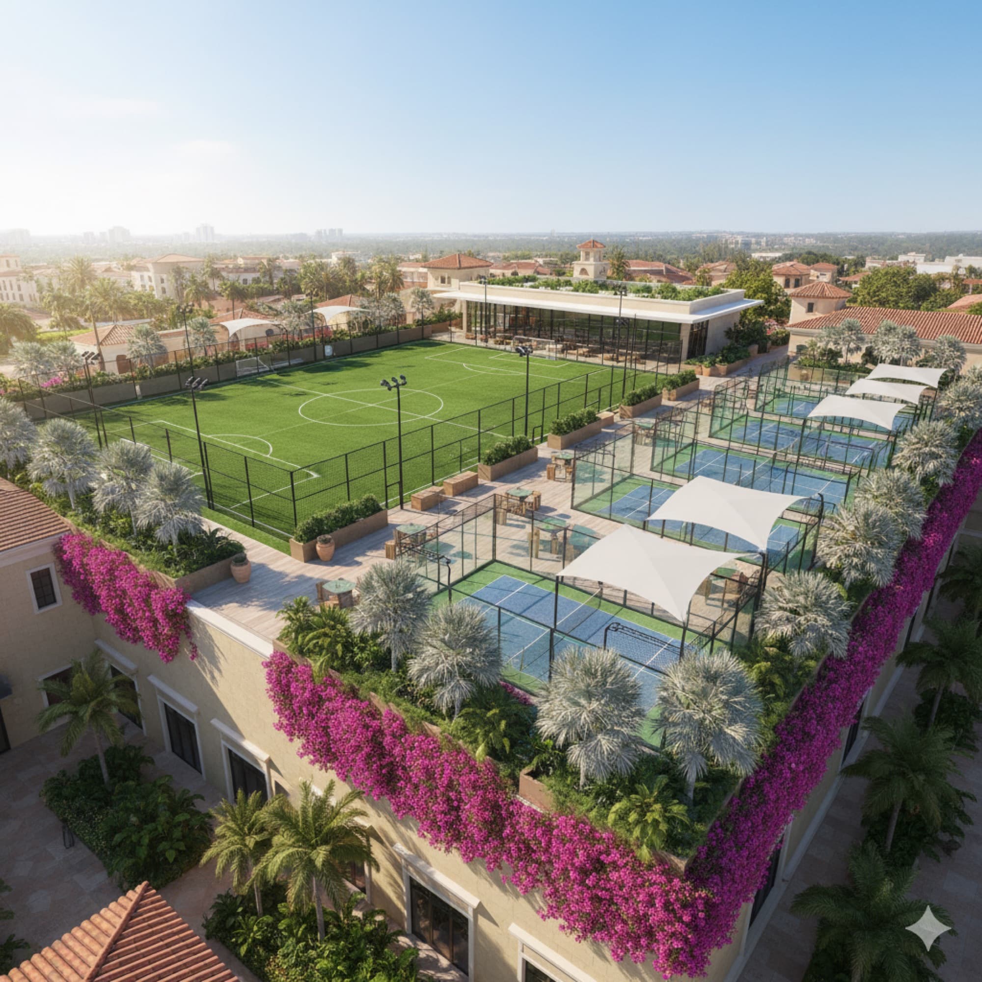 Rooftop fields surrounded by lounge seating and greenery.